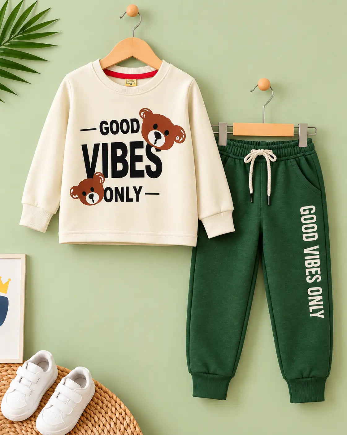 Kids Good Vibes Printed Fleece Twin Set for Winter – Shirt & Green Trouser for Boys and Girls - FTS 025