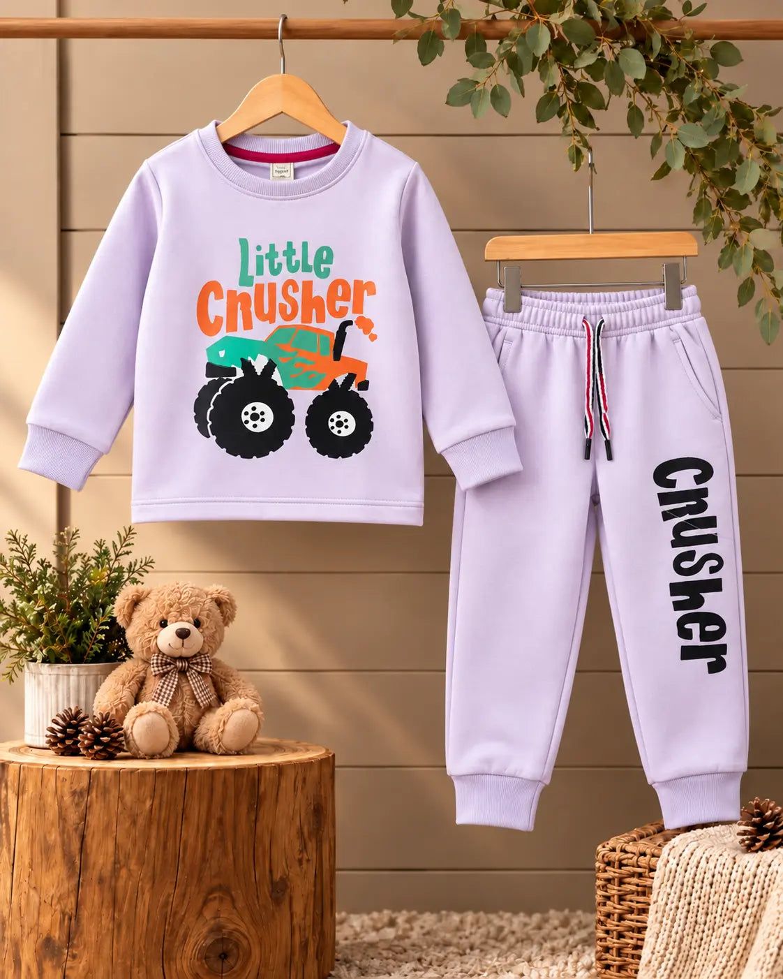 Kids Little Crusher Printed Fleece Twin Set for Winter – Pink Shirt & Trouser for Girls - FTS 031