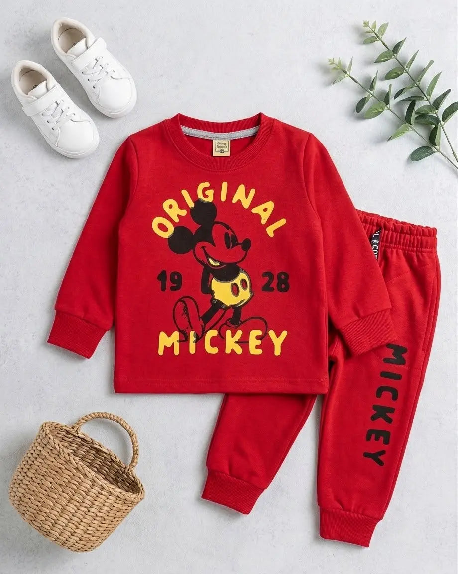 Kids Mickey Printee Fleece Twin Set for Winter – Shirt & Trouser for Boys & Girls - FTS 039