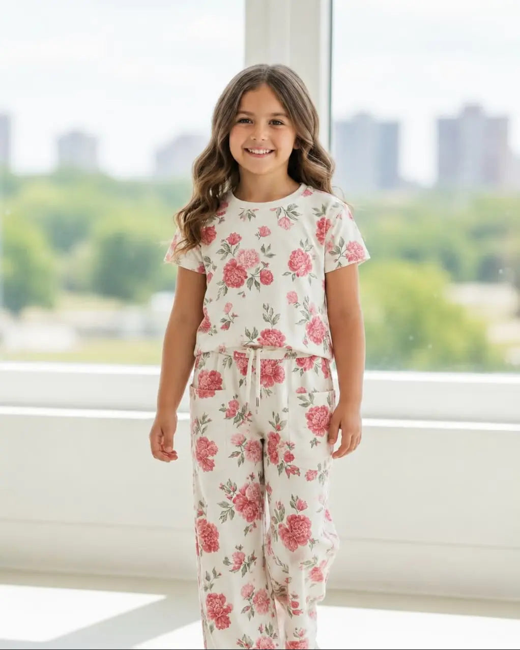 Junior Republic Kid's Floral Print Cotton Jersey Summer Trouser Shirt Suit
