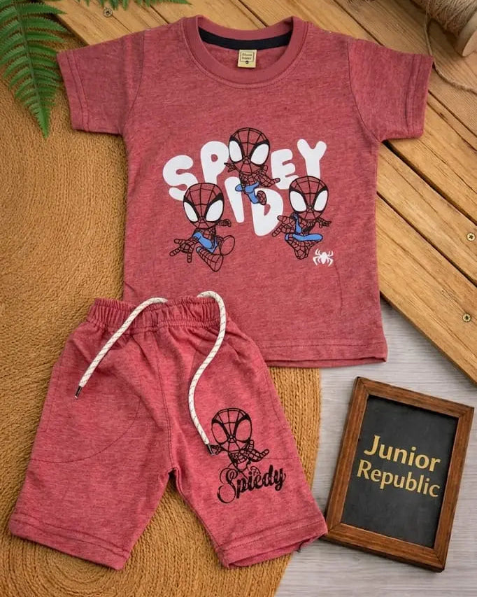 Junior Republic Spidey Printed Cotton Jersey T-Shirt & Shorts Set for Kids