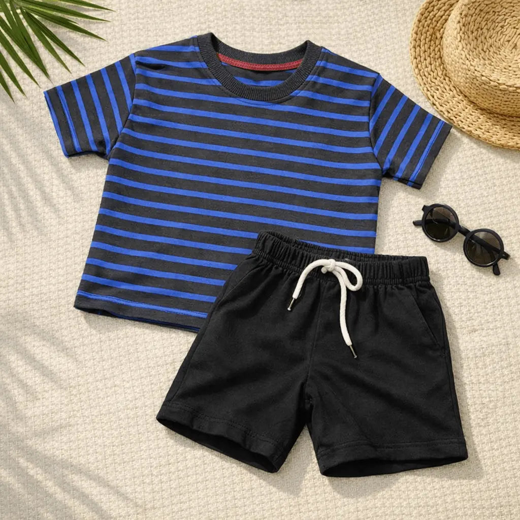 Junior Republic Stripes Style Cotton Jersey T-Shirt & Shorts Set for Kids