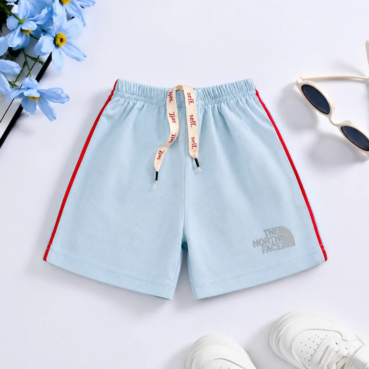 Junior Republic Kids Cotton Shorts — sky with Red Side Stripe (Style 1)