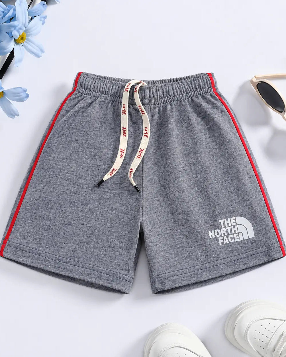 Kids Cotton Shorts — Grey with Red Side Stripe (Style 2) - SH-003