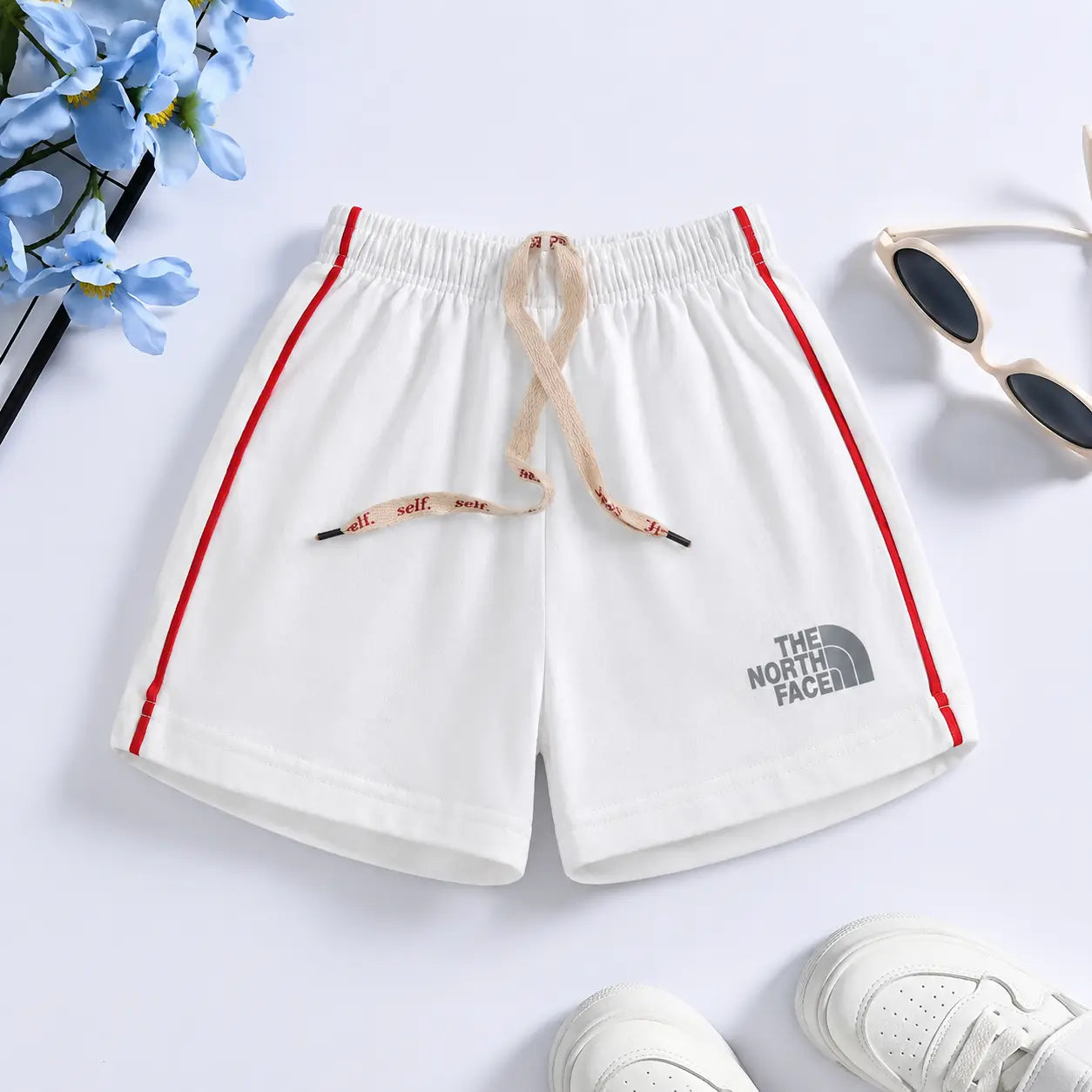 Kids North Face Style Cotton Shorts with Red Side Stripe