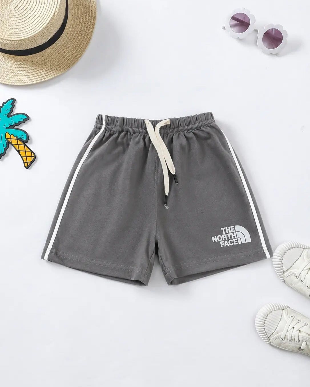 Kids Cotton Shorts — Grey with Navy Side Stripe (Style 3) - SH-004
