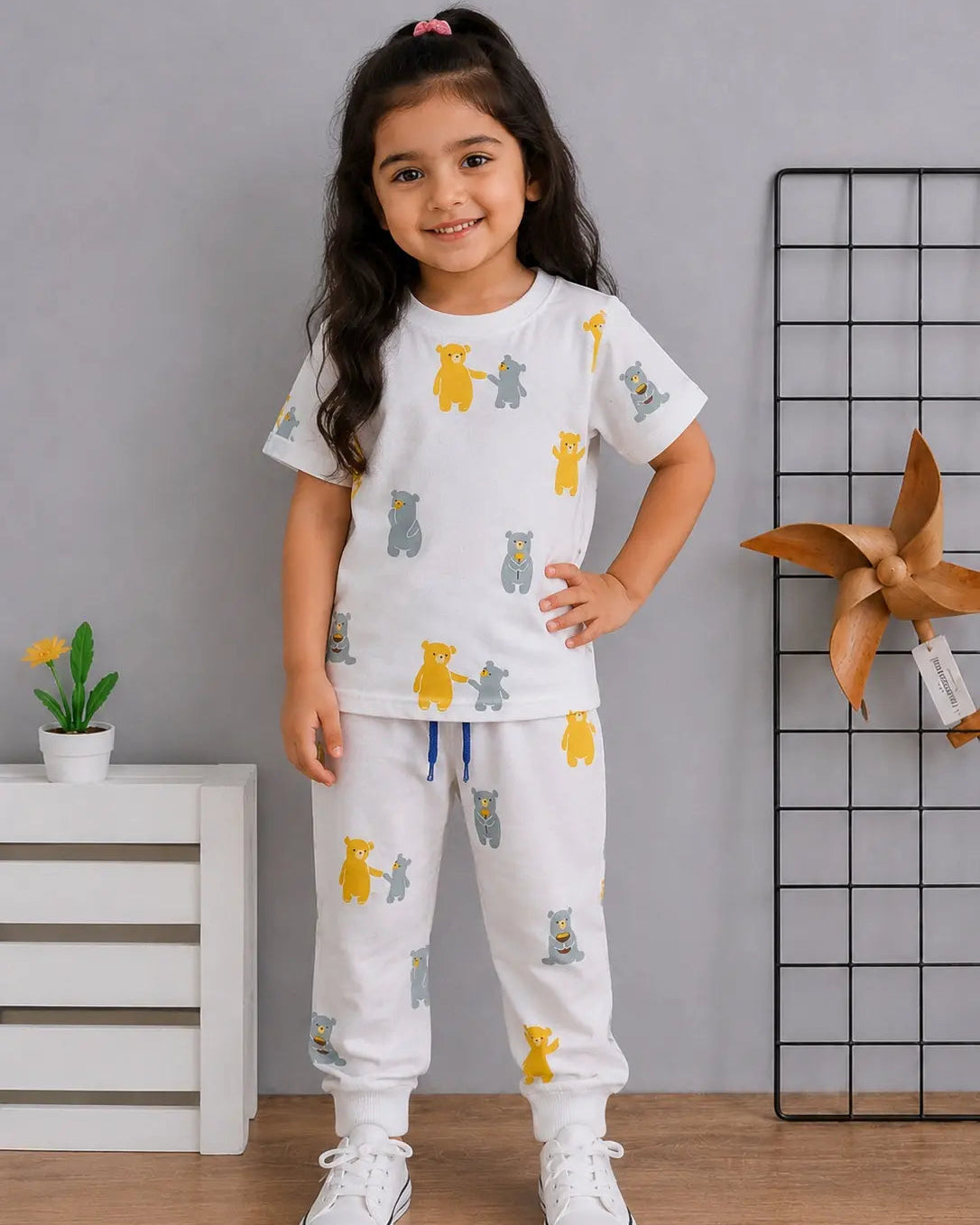 Kid's Bear all over Printed Cotton Jersey Summer Trouser Shirt Suit