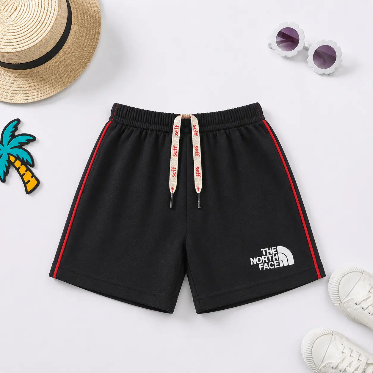 Kids North Face Style Cotton Shorts with Red Side Stripe