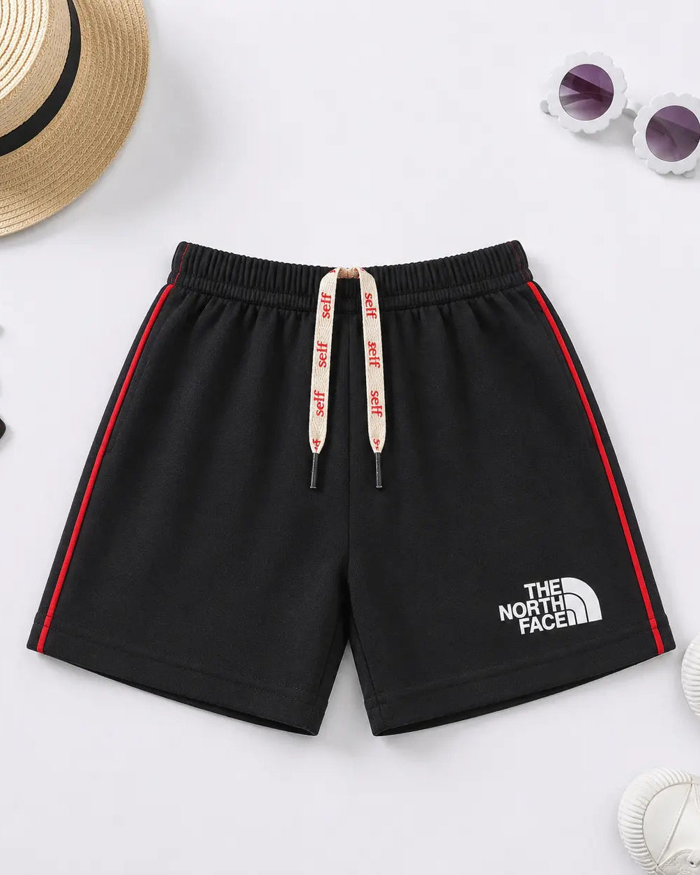 Kids Cotton Shorts — Black with Red Side Stripe (Style 7) - SH-007
