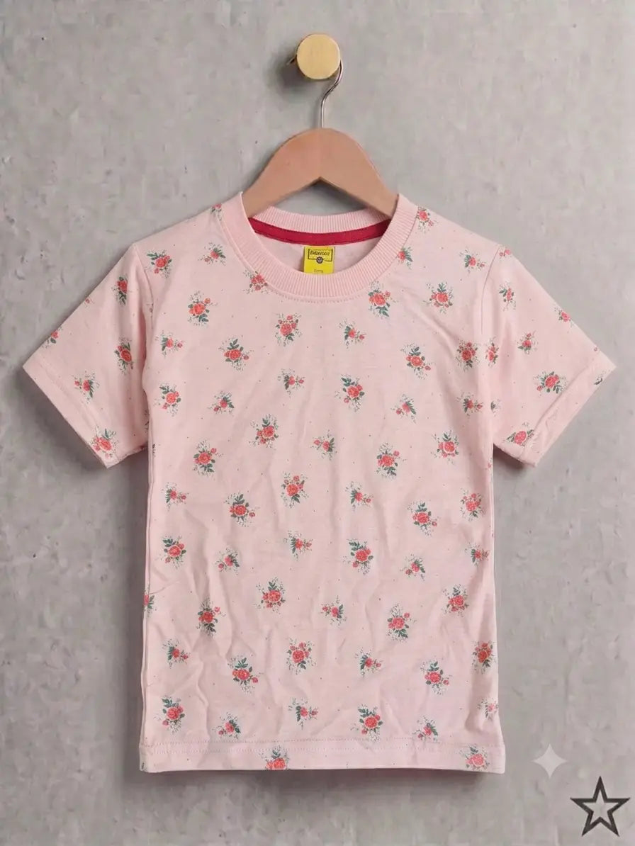 Junior Republic Kid's Pink Floral Printed Tee Shirt