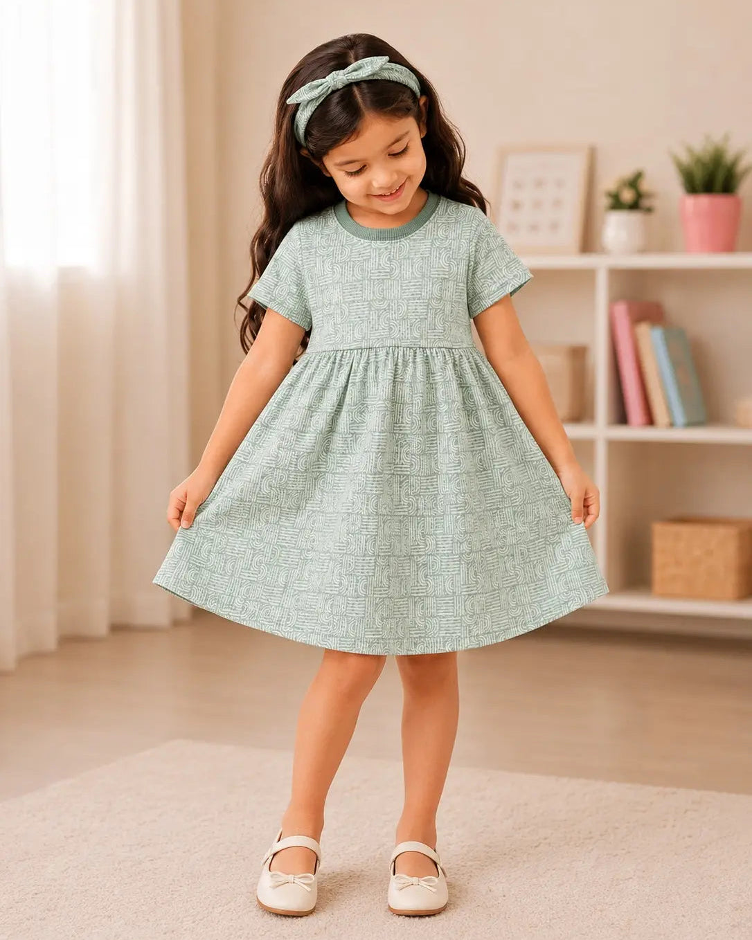 Girls Mint green all over Print Summer Frock - FR-007