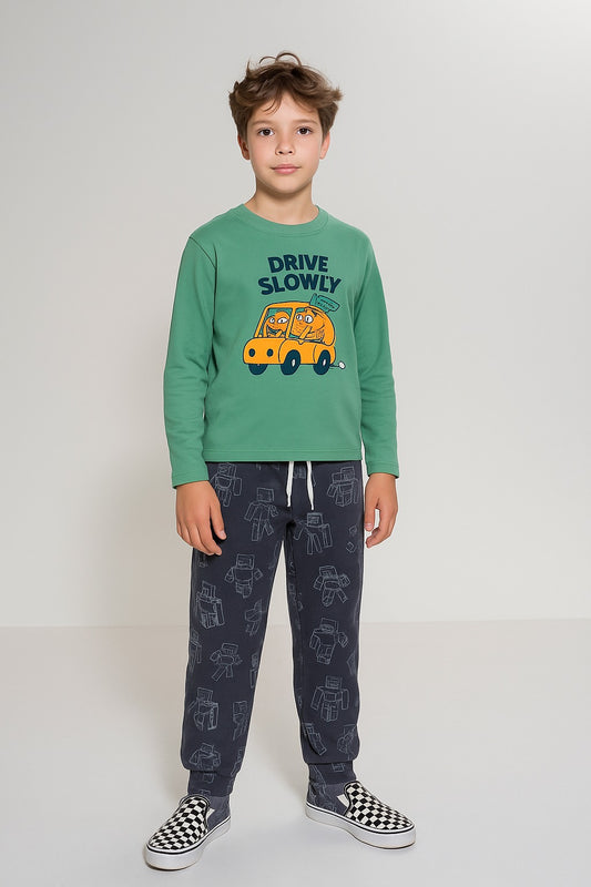 Junior Republic Kid's Drive Slowly Printed Cotton Jersey Suit