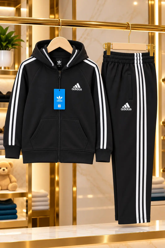 Kids Premium Black Adidas Zipper Hoodie Fleece Tracksuit – 2 Piece Winter Set- FTS-023