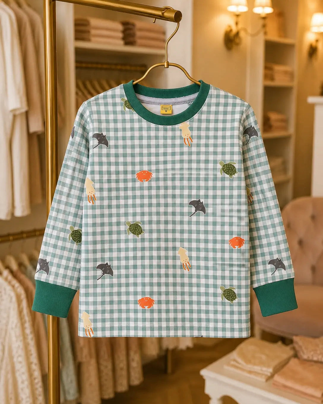 *Minor Fault* Kid's Sea Life Check all over print long Sleeves Shirt - LS-115