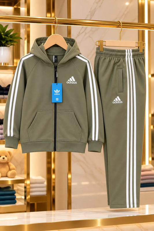 Kids Premium Olive Green Adidas Zipper Hoodie Fleece Tracksuit – 2 Piece Winter Set- FTS-022
