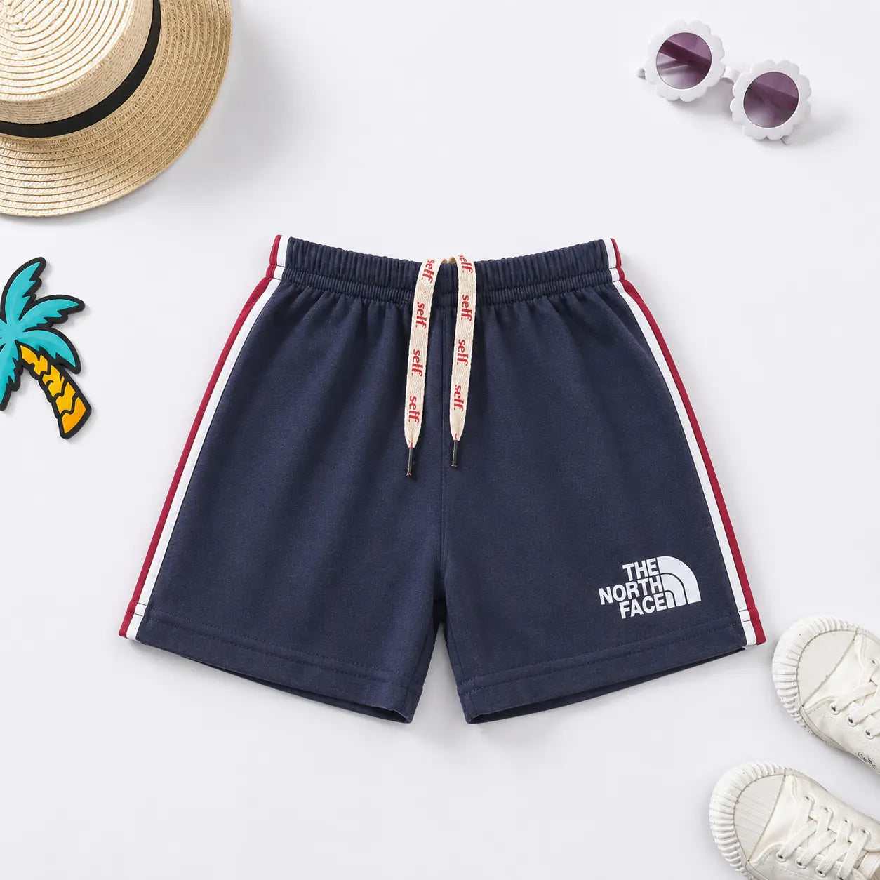 Kids North Face Style Cotton Shorts with Red Side Stripe