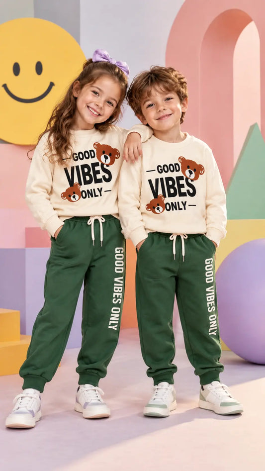 Kids Good Vibes Printed Fleece Twin Set for Winter – Shirt & Green Trouser for Boys and Girls - FTS 025