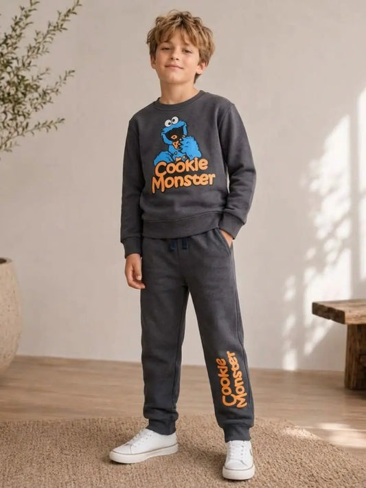 Kids Cookie Monster Printed Fleece Twin Set for Winter – Grey Shirt & Trouser for Boys and Girls - FTS 027