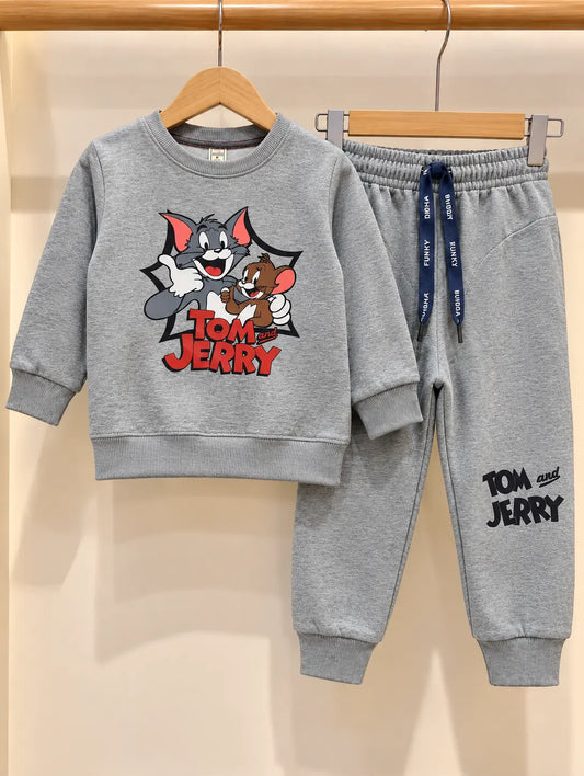 Kids Tom & Jerry Printed Fleece Twin Set for Winter – Grey Shirt & Trouser for Boys and Girls - FTS 026