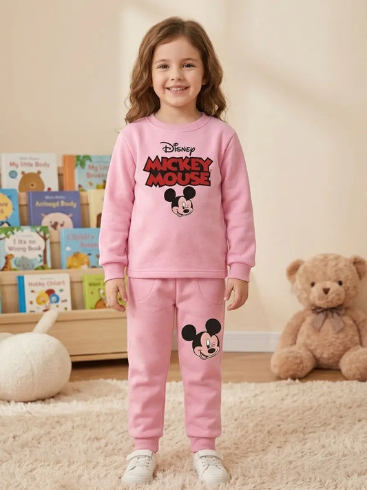 Kids Mickey Mouse Printed Fleece Twin Set for Winter – Pink Shirt & Trouser for Girls - FTS 029
