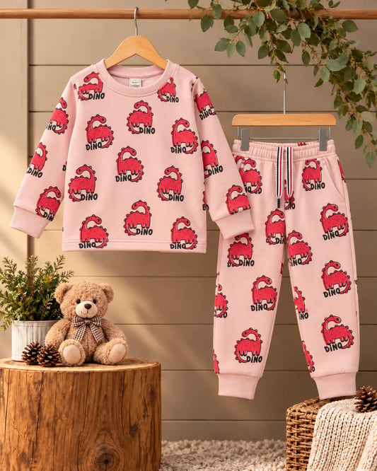 Kids Dino All over Print Fleece Twin Set for Winter – Pink Shirt & Trouser for Girls - FTS 030