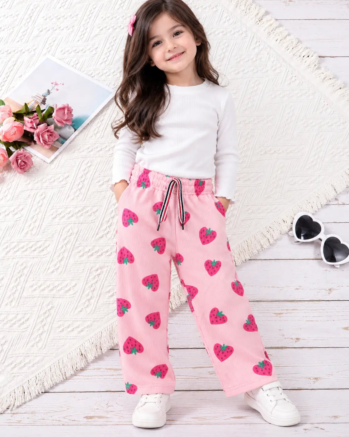 Kids Strawberries PrintedTerry Mid Season Trouser for girls- Navy- TR-056