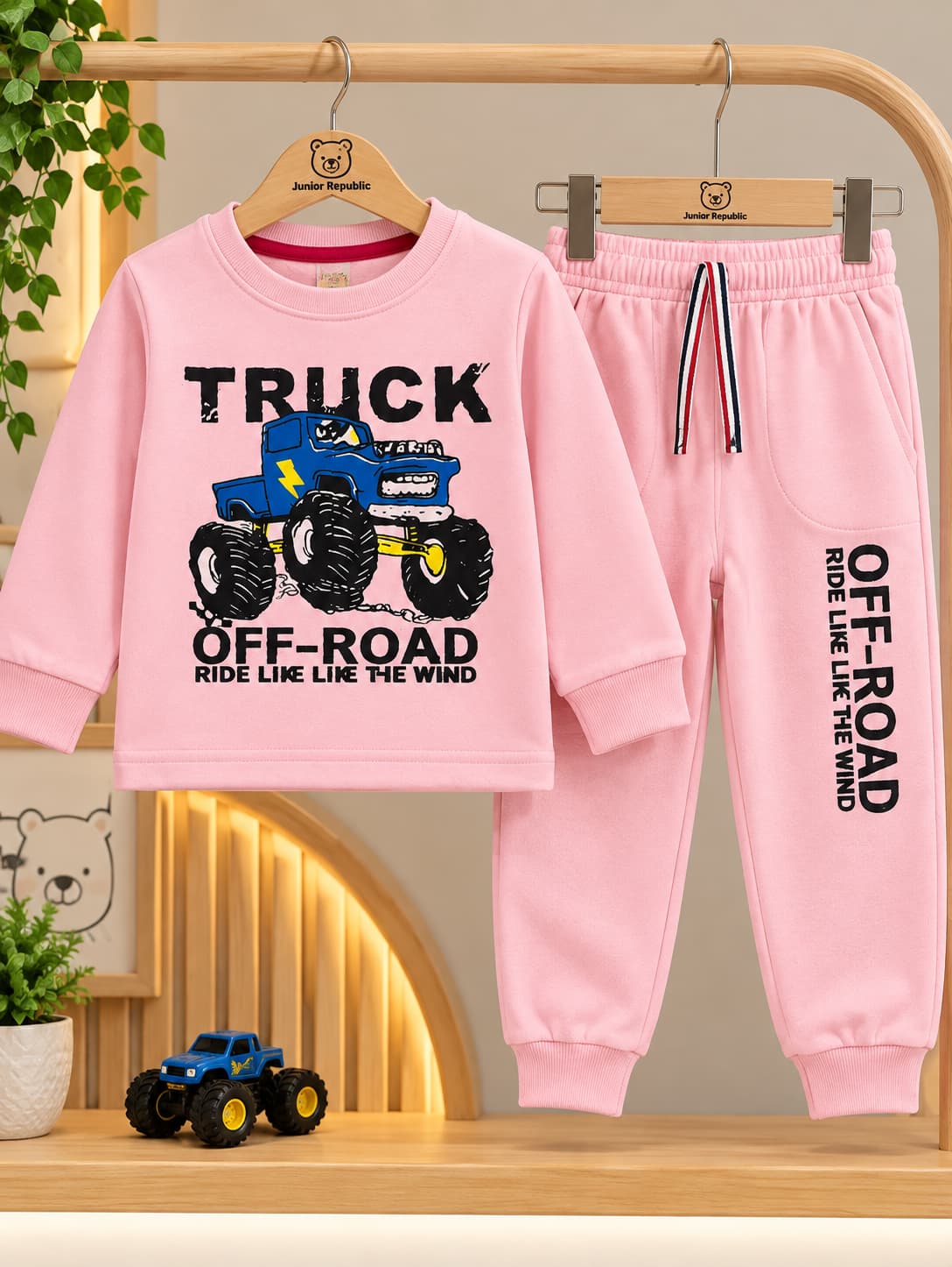 Kids Truck Offroad Printed Fleece Twin Set for Winter – Pink Shirt & Trouser for Girls - FTS 032