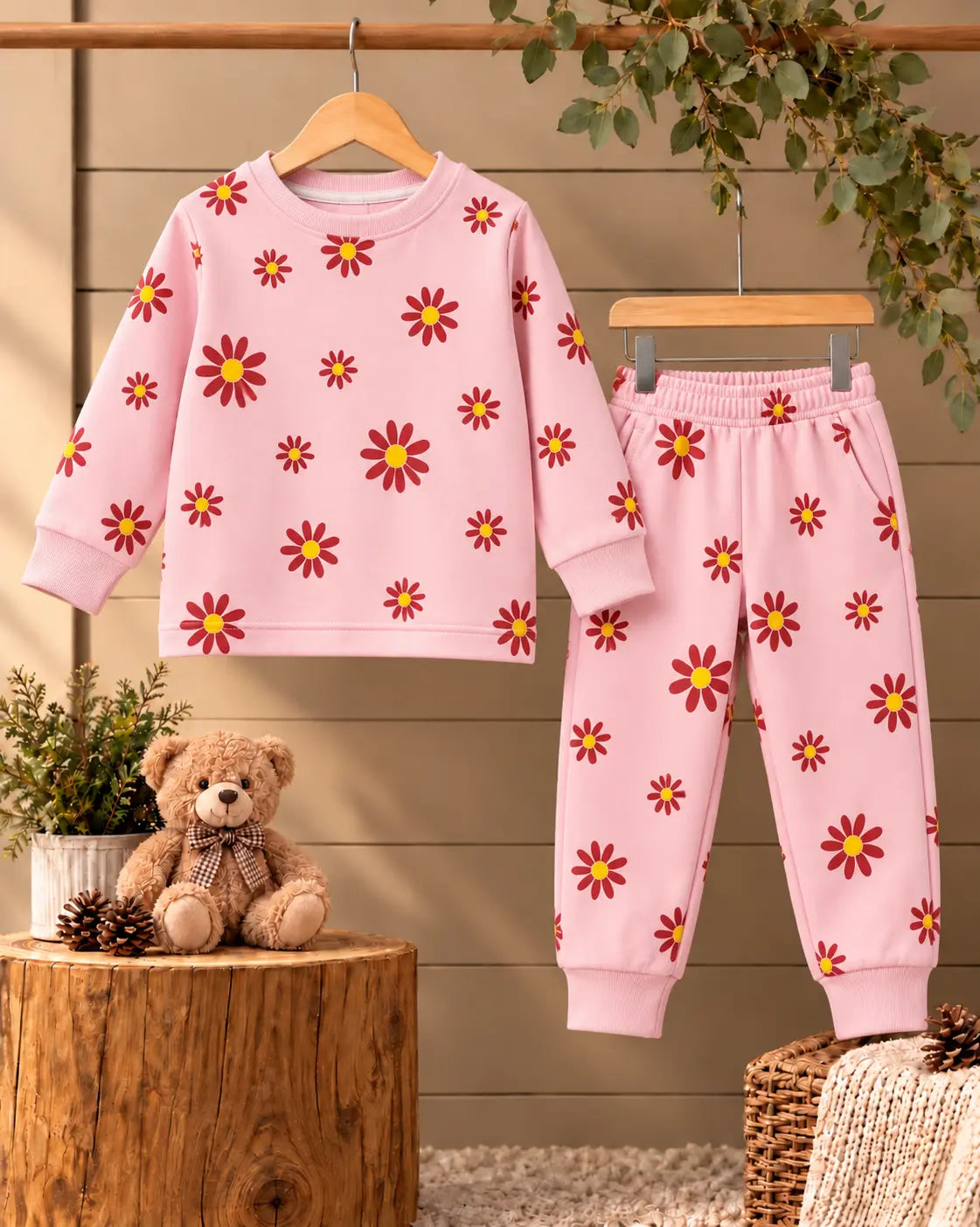 Kids Floral all over Print Fleece Twin Set for Winter – Pink Shirt & Trouser for Girls - FTS 034