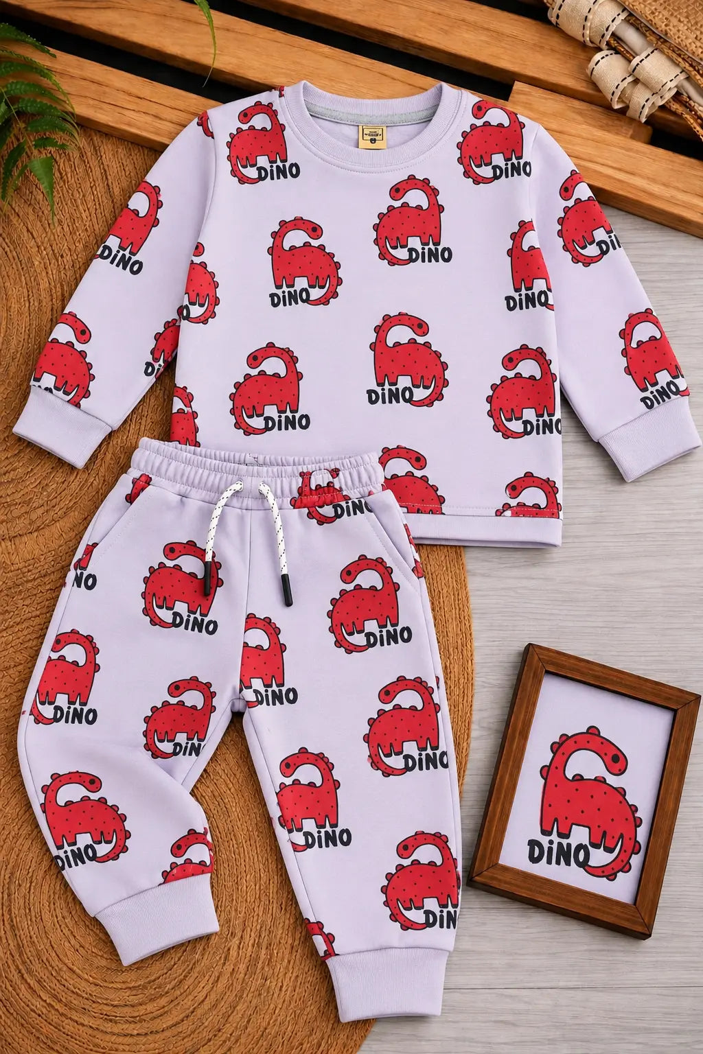 Kids Dino All over Print Fleece Twin Set for Winter – Shirt & Trouser for Boys and Girls - FTS 030