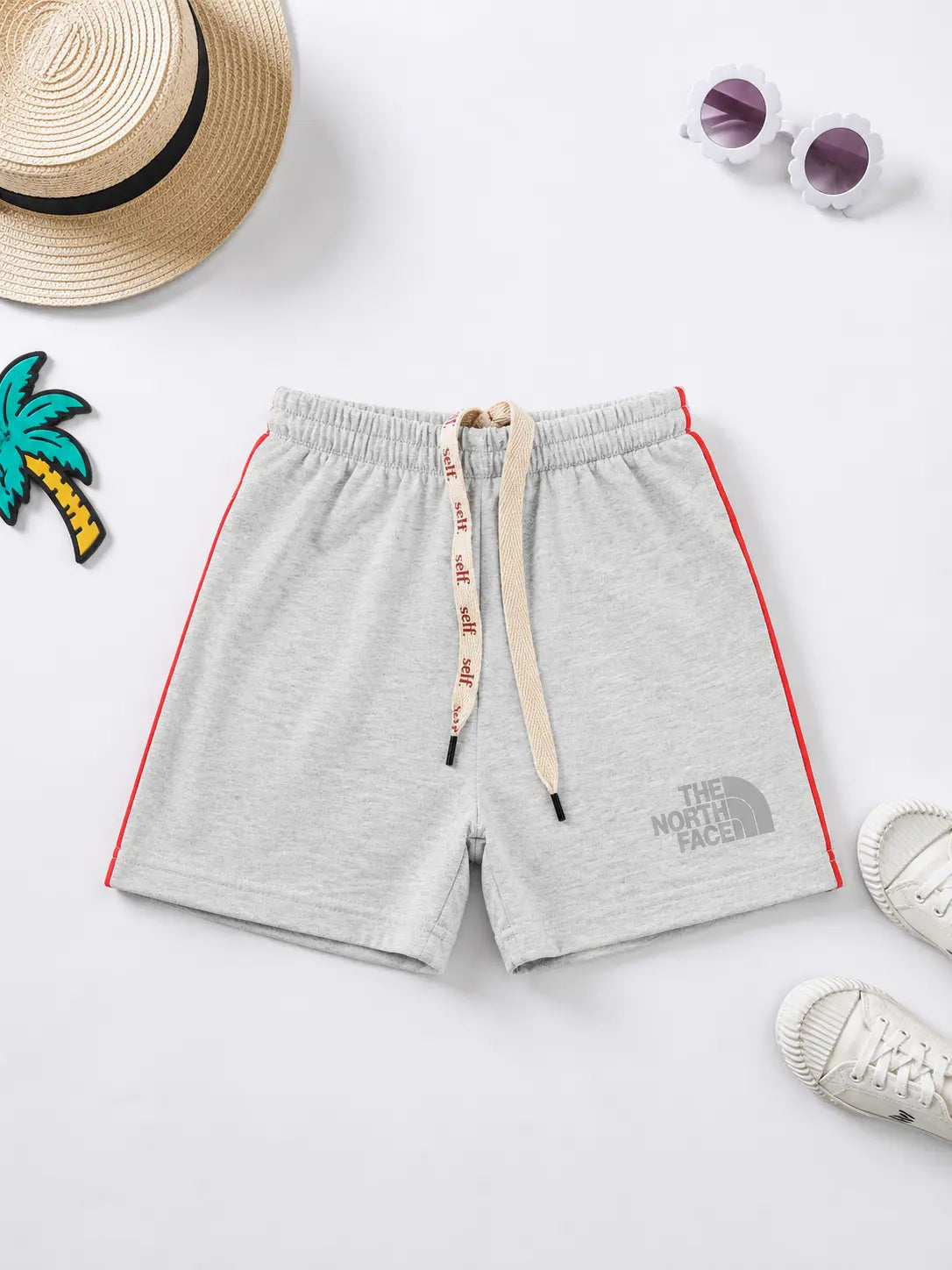 Kids North Face Style Cotton Shorts with Red Side Stripe