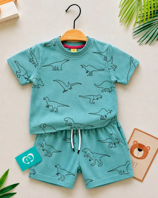 Junior Republic Dinosaur all over Print Cotton Jersey T-Shirt & Shorts Set for Kids