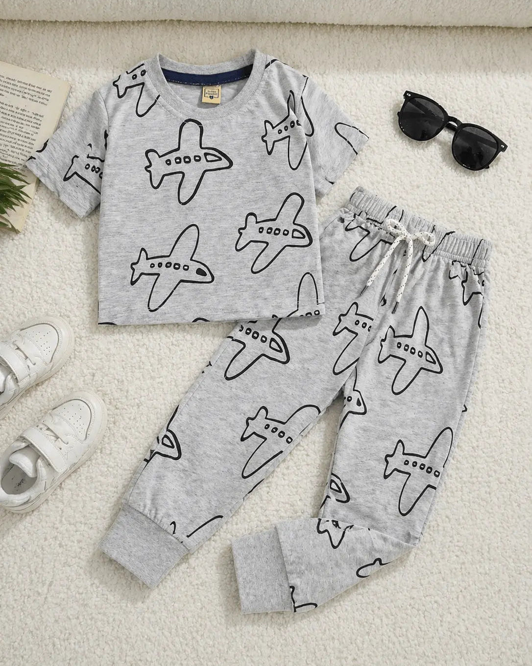 Junior Republic Kid's Airplane all over Print Cotton Jersey Summer Trouser Shirt Suit