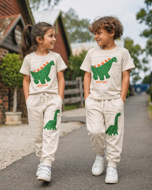 Junior Republic Kid's Dinosaur Printed Cotton Jersey Summer Trouser Shirt Suit