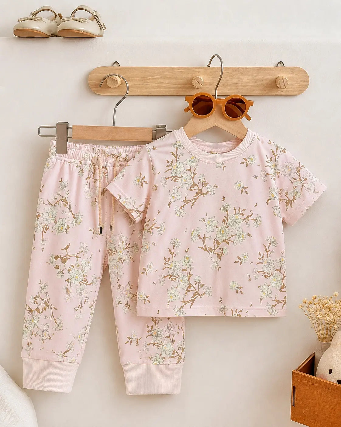 Junior Republic Kid's Floral Print Cotton Jersey Summer Trouser Shirt Suit