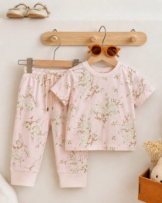 Junior Republic Kid's Floral Print Cotton Jersey Summer Trouser Shirt Suit