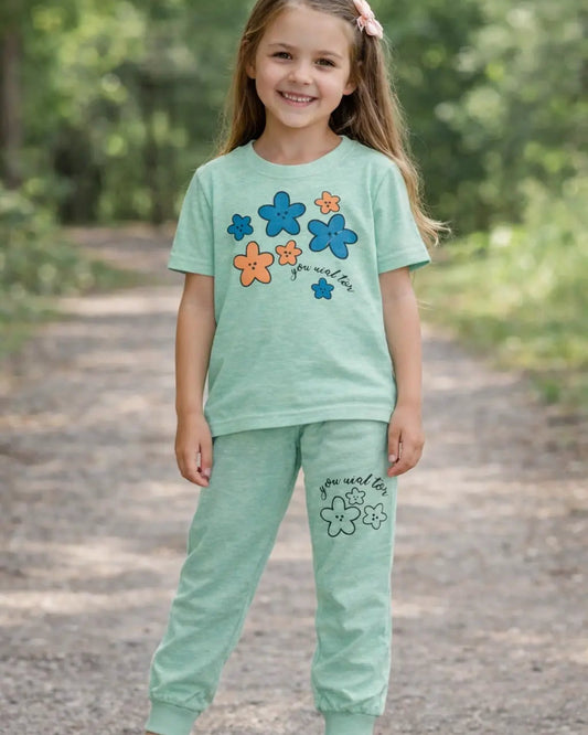 Junior Republic Kid's Floral Printed Cotton Jersey Summer Trouser Shirt Suit