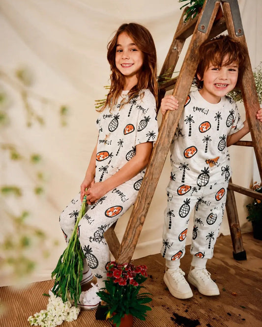 Junior Republic Kid's Tropical Vibes Print Cotton Jersey Summer Trouser Shirt Suit