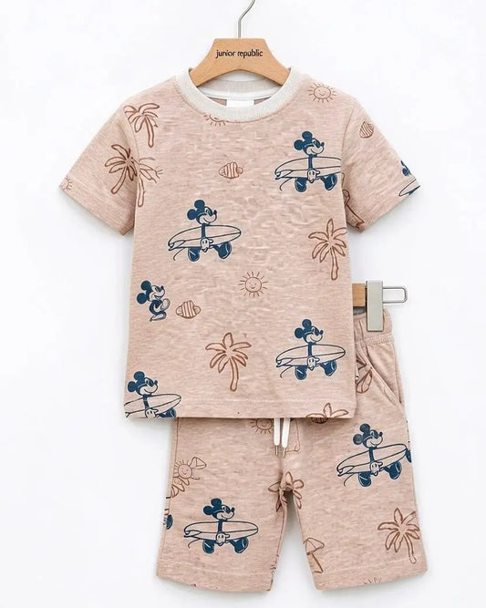 Junior Republic Mickey Mouse Printed Cotton Jersey T-Shirt & Shorts Set for Kids