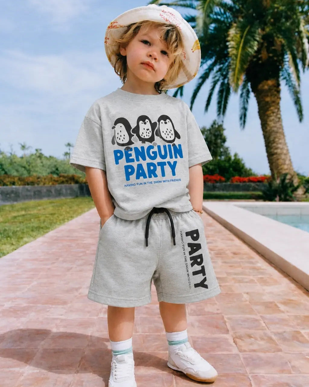 Junior Republic Penguin Party Printed Cotton Jersey T-Shirt & Shorts Set for Kids