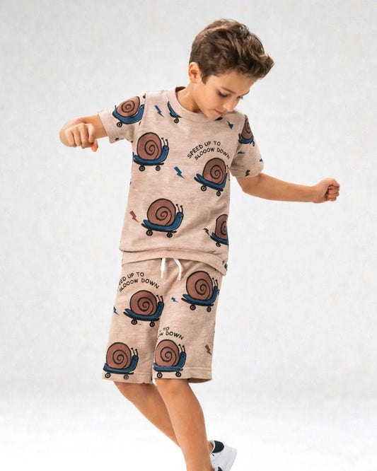 Junior Republic Speed up Snail Printed Cotton Jersey T-Shirt & Shorts Set for Kids