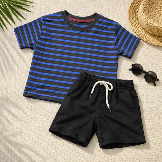 Junior Republic Stripes Style Cotton Jersey T-Shirt & Shorts Set for Kids