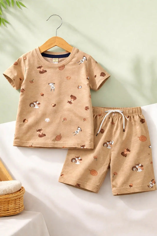 Junior Republic Woodland animal Print Cotton Jersey T-Shirt & Shorts Set for Kids