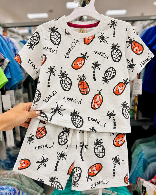 Junior Republic Tropical Pineapple all over Print Cotton Jersey T-Shirt & Shorts Set for Kids