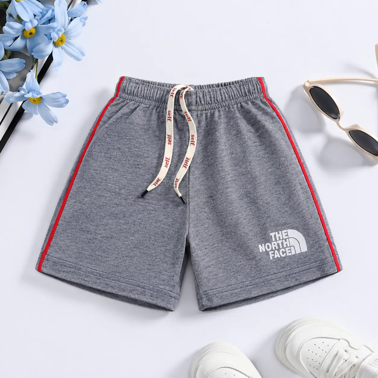 Kids North Face Style Cotton Shorts with Red Side Stripe