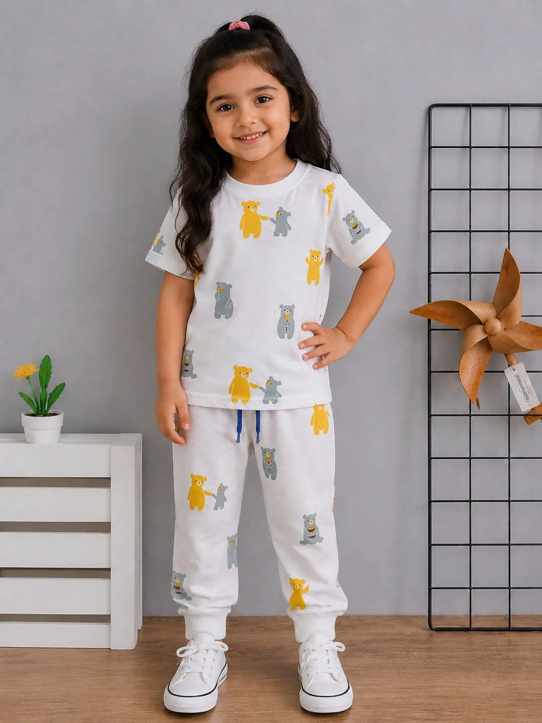 Junior Republic Kid's Bear all over Printed Cotton Jersey Summer Trouser Shirt Suit