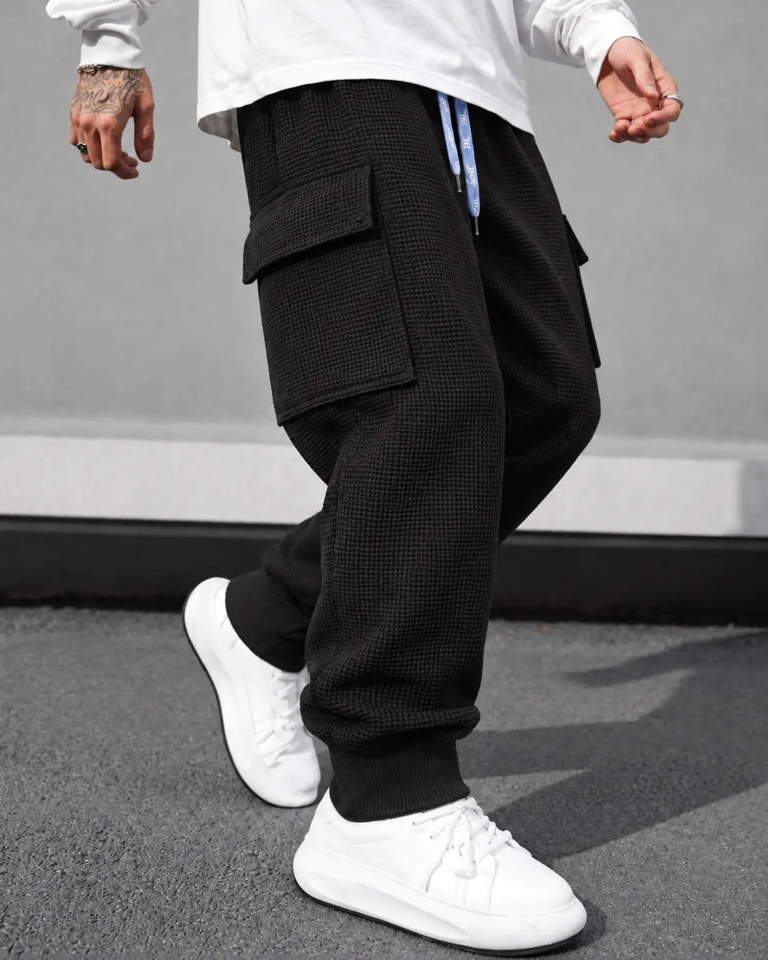 Kids Jet Black Waffle Knit Cargo Jogger Trouser