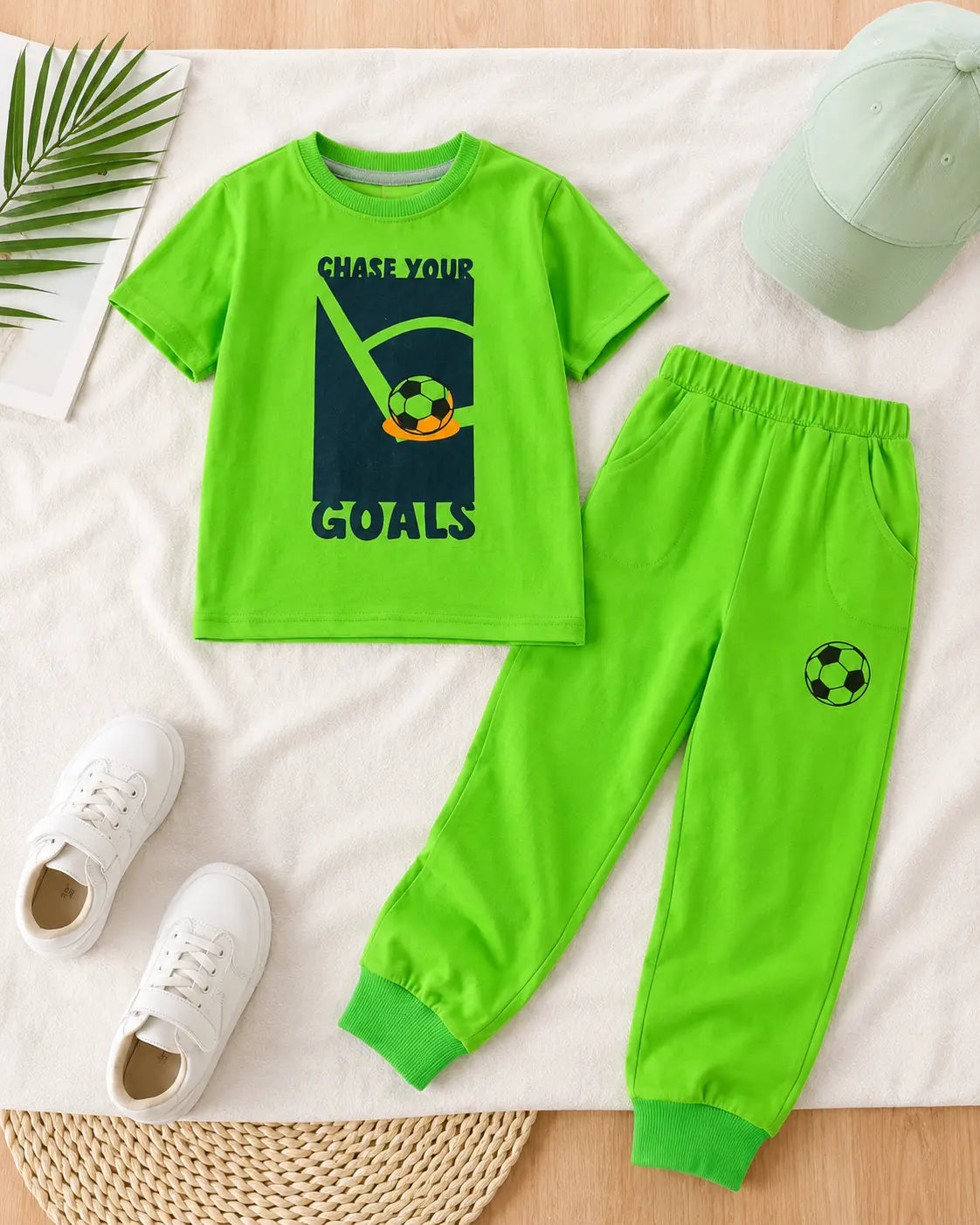 Junior Republic Kid's Chase your goals Printed Cotton Jersey Summer Trouser Shirt Suit