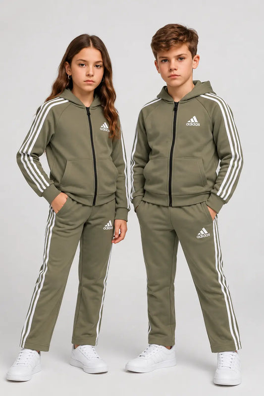 Kids Premium Olive Green Adidas Zipper Hoodie Fleece Tracksuit – 2 Piece Winter Set- FTS-022