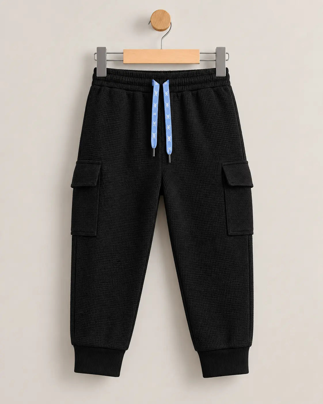 Kids Jet Black Waffle Knit Cargo Jogger Trouser