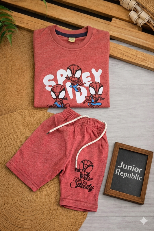 Junior   Republic Spidey Printed Cotton Jersey T-Shirt & Shorts Set for Kids